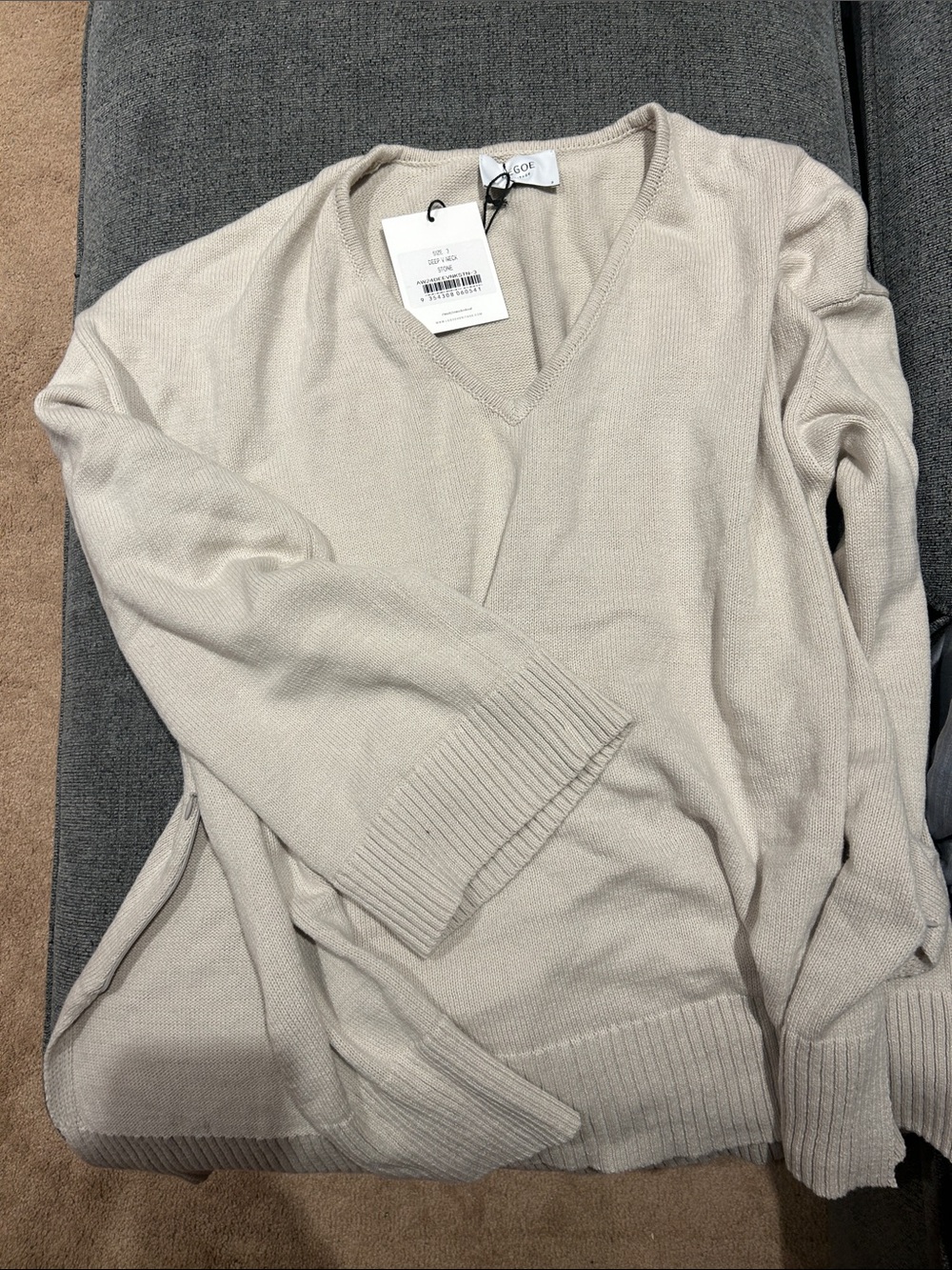Light Beige V-Neck Sweater - Soft Ribbed Knit